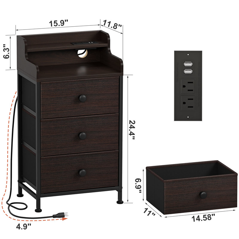 Nightstand with outlets 3 Drawers and 2-Tier Shelf